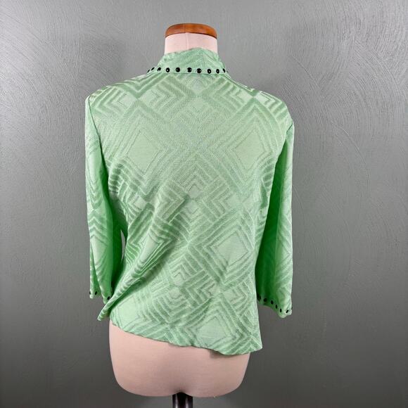 Ming Wang Cardigan Women Size Medium Green Embossed Geometric Studded Open Front - Picture 13 of 14